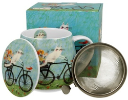 Porcelánový hrnek s čajovým sítkem Cat´s World Bicycle